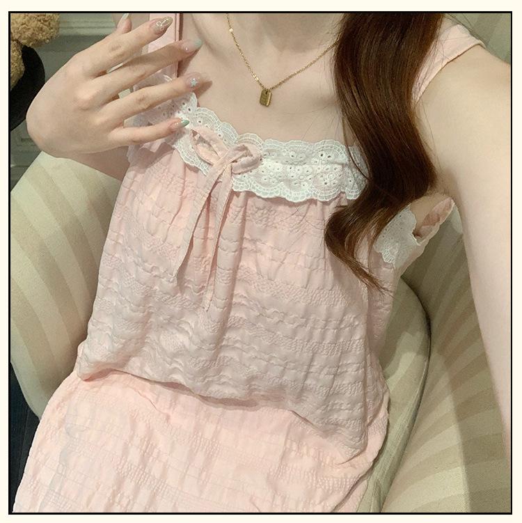 2026 Summer Sweet Princess Woven Cotton Nightgown with Chest Pads – Women's Long Camisole Loungewear