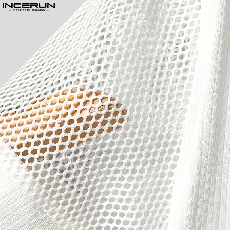 INCERUN Tricouri pentru bărbați cu gât în V, mânecă scurtă, patchwork din plasă, față transparentă cu încrucișare