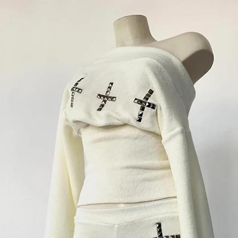 2KWEIRD Goth Aesthetic Women's Boat Neck Long Sleeve Top Sexy Slim Chic Cross Decoration Shorts Y2K Harajuku Emo Girls Streetwear Outfit