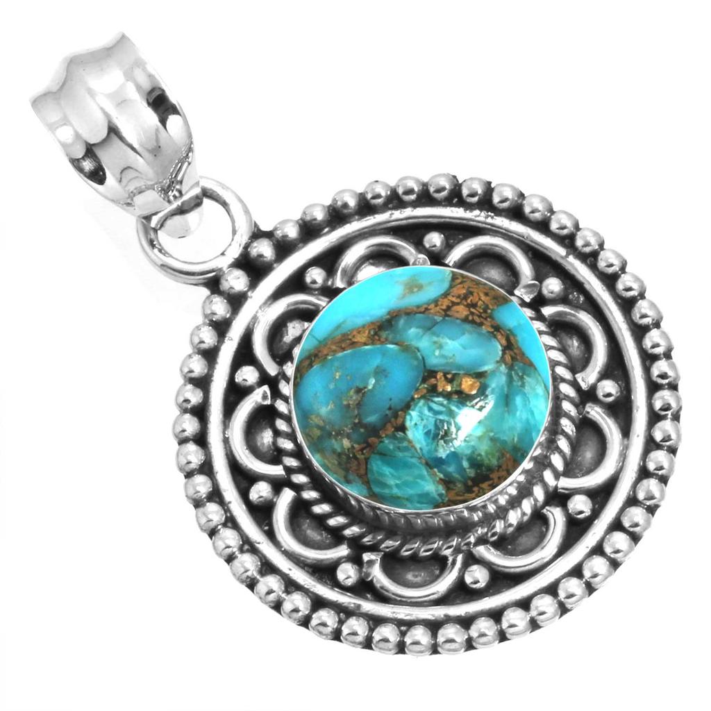 925 Sterling Silver Pendant Women Gemstone Handmade Jewelry Wedding Gift Blue Green Purple Copper Turquoise Pearl Lapis Mother Of Pearl Vintage