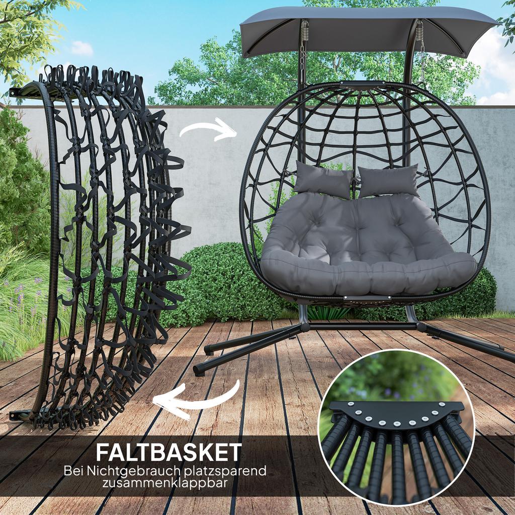 Hanging Chair, Foldable Basket Chair with Cushion, Steel Frame, Sun Canopy, Up to 260 kg Load Capacity, Dark Grey