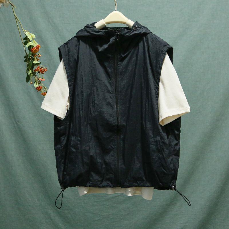 Coletes de verão femininos, coletes cargo com zíper, com capuz, casual, solto, liso, esportivo ao ar livre, fresco, secagem rápida, fino, plissado, streetwear, tudo em combinação