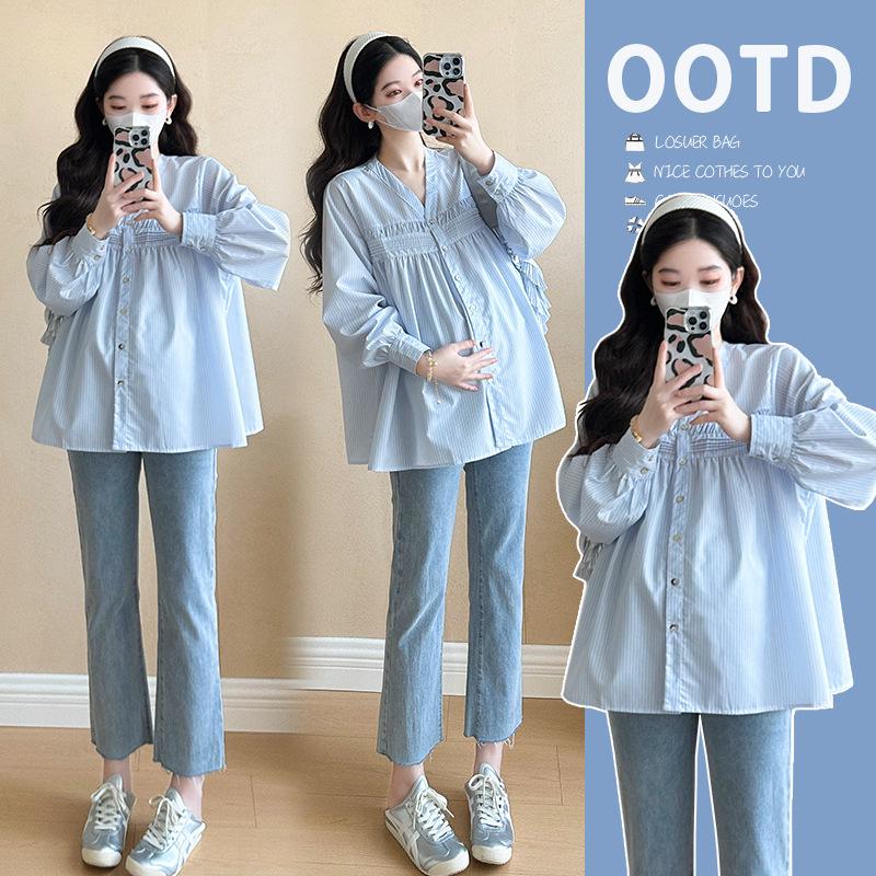 2026 Spring V-Neck Striped Maternity Shirt - Long Sleeve, Loose Fit, Breastfeeding Friendly 2XL