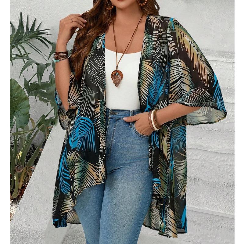 Women Summer New Tropical Print Chiffon Cardigan Vacation Style Loose Sun Protection Fashion Coat