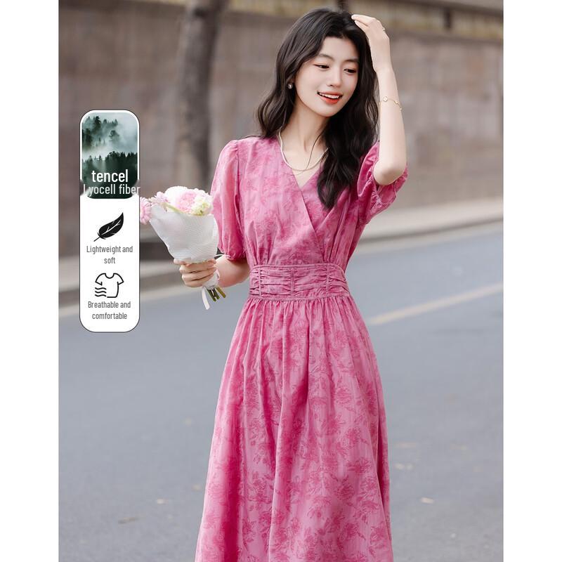 Demana Women s Eco-Lyocell French V-Neck Puff Sleeve Midi Dress M