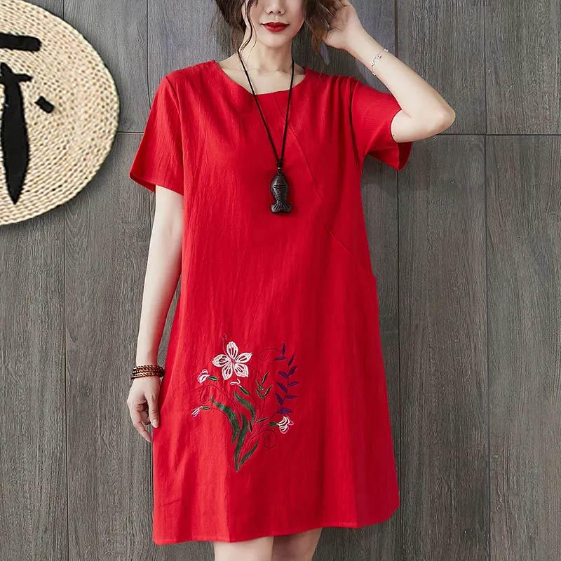 

Summer Cotton Dress Loose Large Size Round Neck Pullover Comfortable and Soft Daily Casual Medium-length Skirt XXL червоний