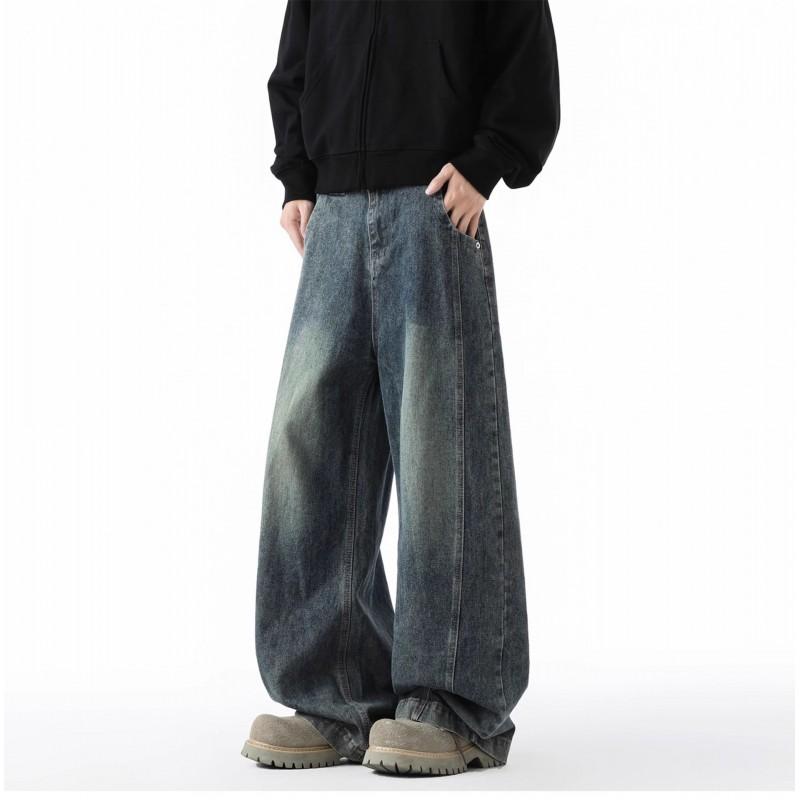 Mens Vintage High Street Wide Leg Jeans Relaxed Straight Casual Trousers Male Trendy Denim Pants