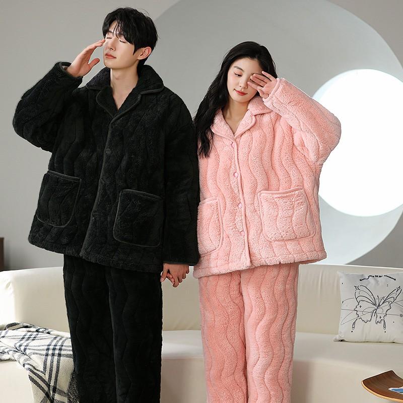 Couple Coral Fleece Quilted Pajamas Set Thick Warm Winter Loungewear Men Women