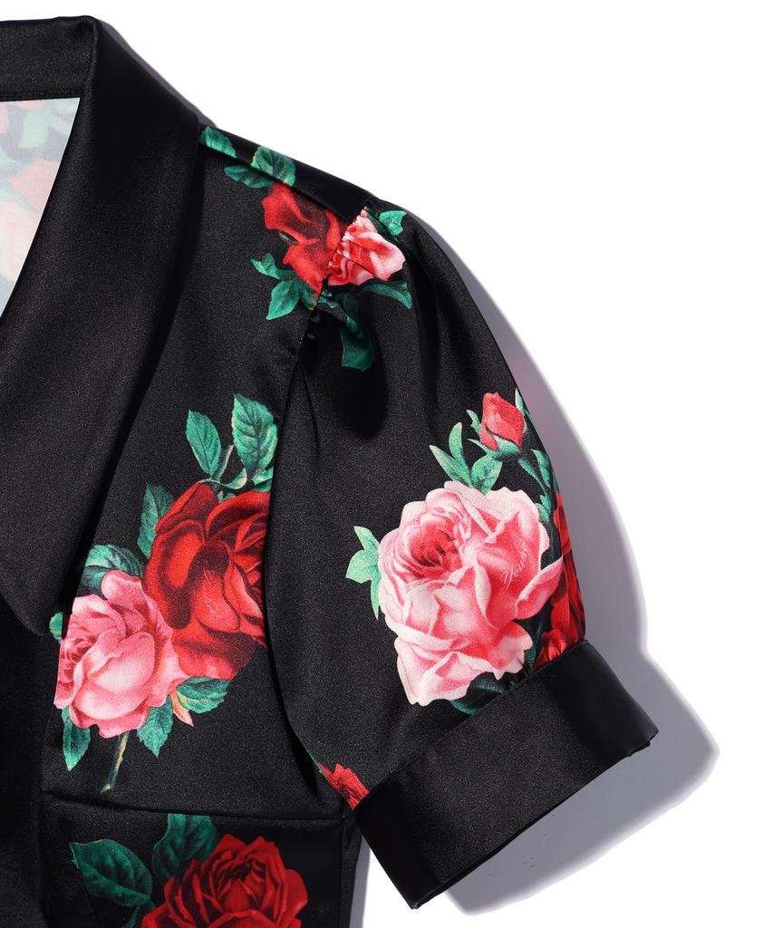 YOUHEE Satin Flower Pattern Blouse Black