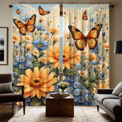 2 pezzi Tende decorative HD con margherite da giardino e farfalle Giallo con lacci stampa digitale stile Decorazione per la casa Decorativo soggiorno