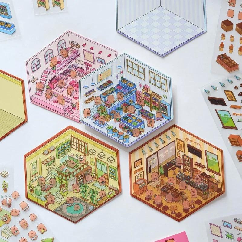 1-10Sets 3D Sticker Set Cartoon Diorama for Journal Scrapbooking Red Xiaohongshu DIY Craft ASMR Relaxation Miniature House Scene