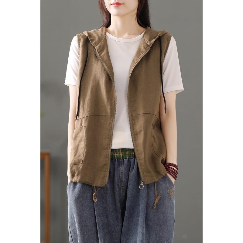 Women S Casual Linen Blend Hooded Sleeveless Zip Up Vest