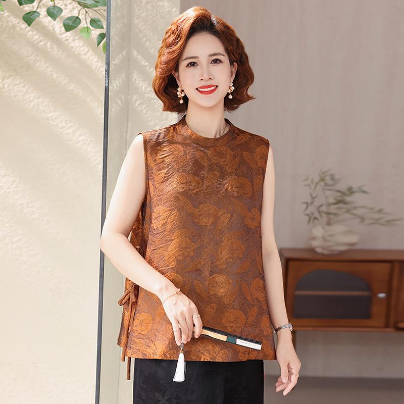 

Elegant 2026 Sleeveless Round Neck Printed Top for Middle-aged Women - Loose, Stylish Summer T-shirt for Moms 2XL (110-120 jin) кофейный