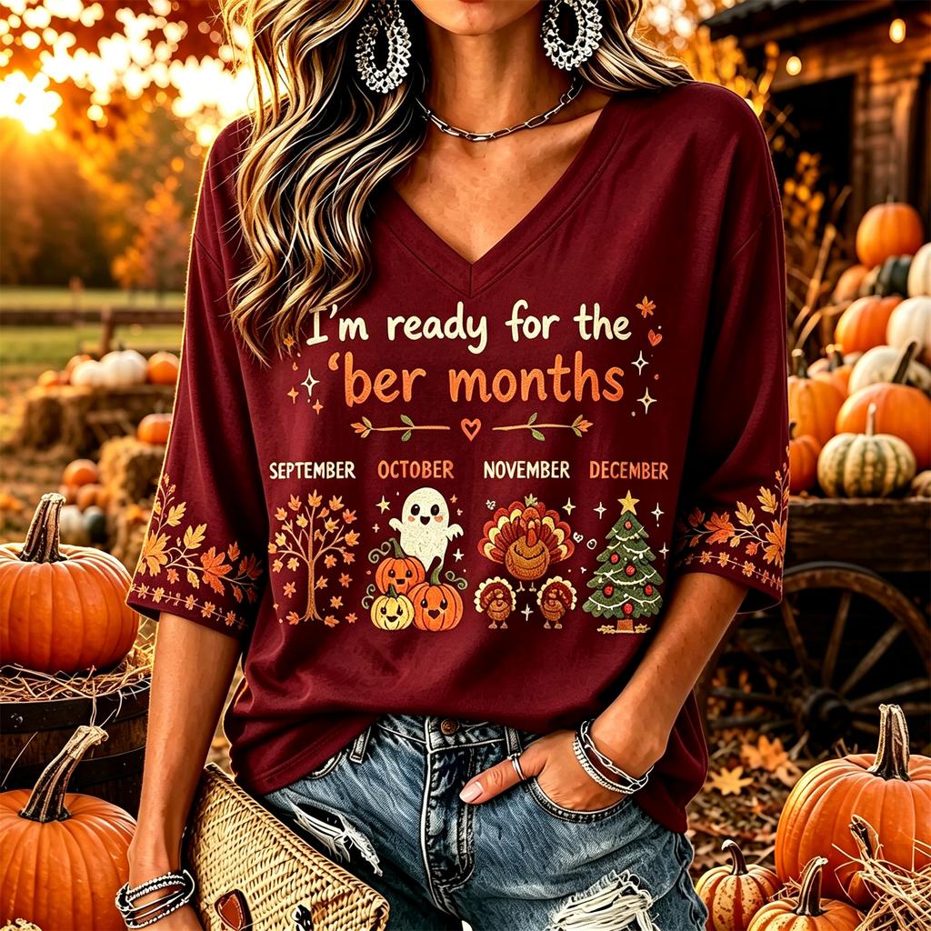 Women's Casual Thanksgiving Print V-Neck Pullover Top for Fall Holiday Everyday Wear