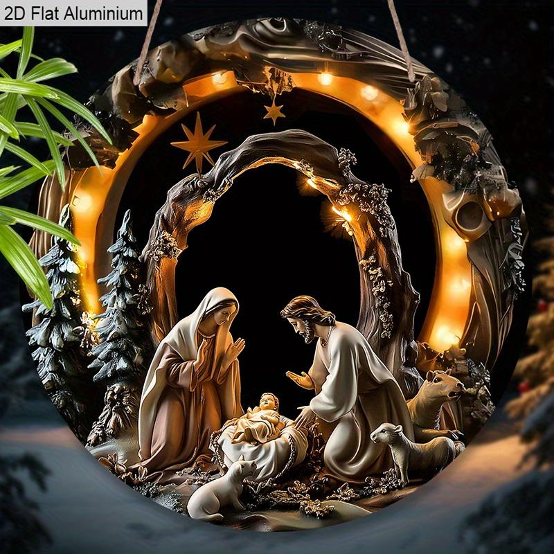 2D Flat Aluminium Nativity Christmas Sign - Holy Night Figurine Ornaments with Jesus - Aluminium Manger Sign - Ideal for Front Door, Wall, Porch