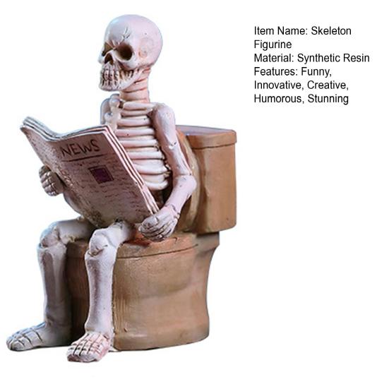 Skeleton Sitting on Toilet Figurine Resin Skull Reading Newspaper Statue Funny Gothic Bathroom Accessory for Halloween Home Bar Decor