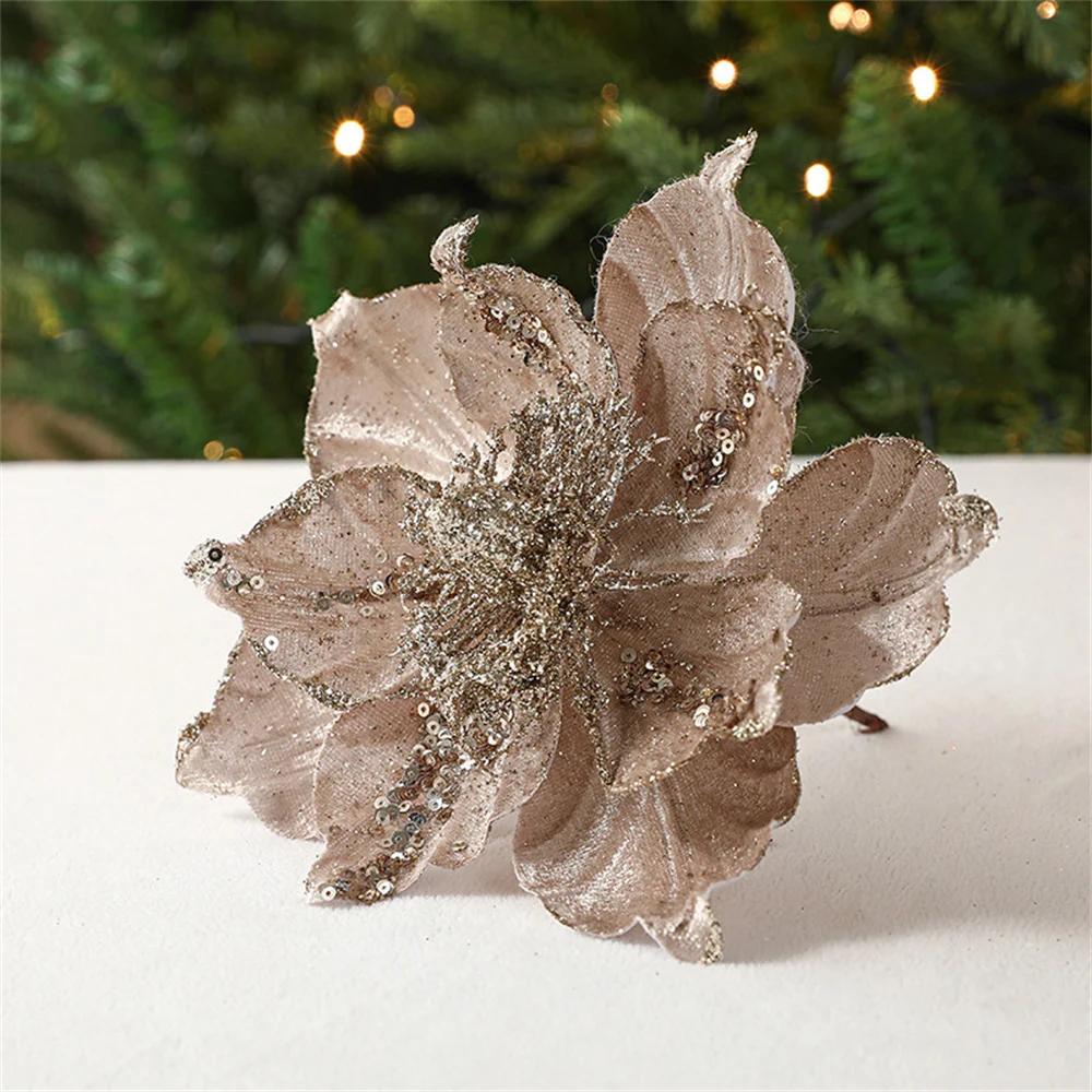 Polyester Fiber Hang Flower On Christmas Tree Sparkling Glitter Artificial Flower Ornament Decor Vibrant Mas Flowers For Gift