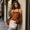 Breathable Women Shirts Summer Off-Shoulder Shirt, Long Sleeve Casual Halter Top, Shirt Solid Color Loose Satin Blouse for Daily Office
