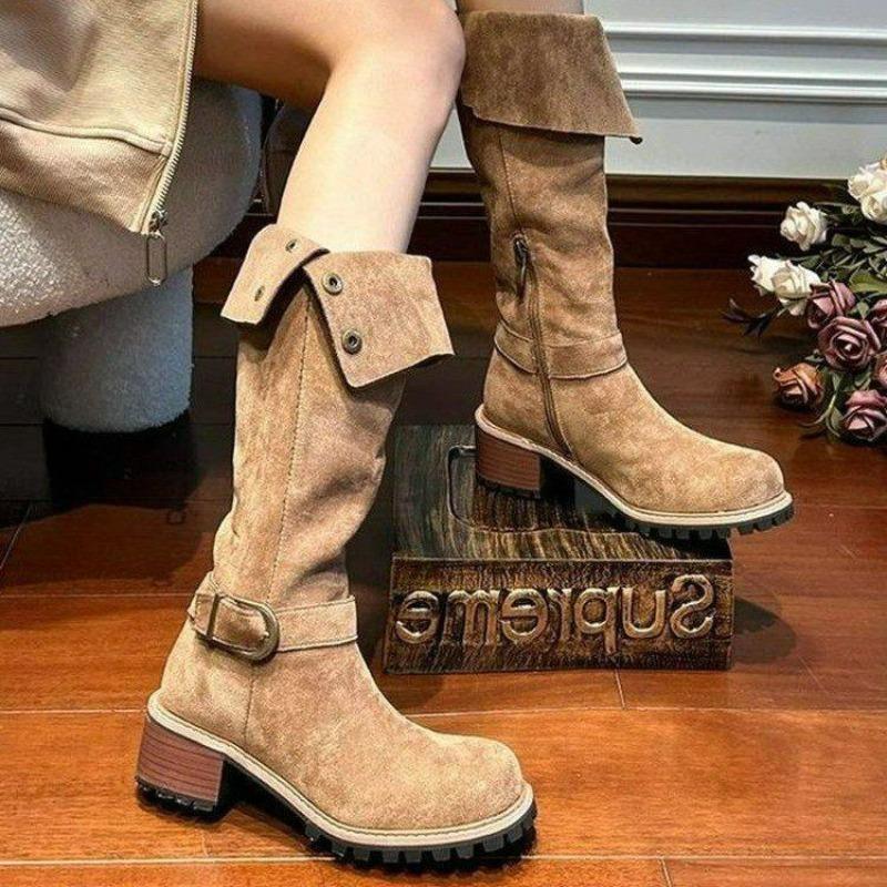 

New Fold Women s Vintage Brown Metal Belt Buckle Western Cowboy Boots Square High Heel Long Boots Fashion Knight Boots 2026 35 коричневый