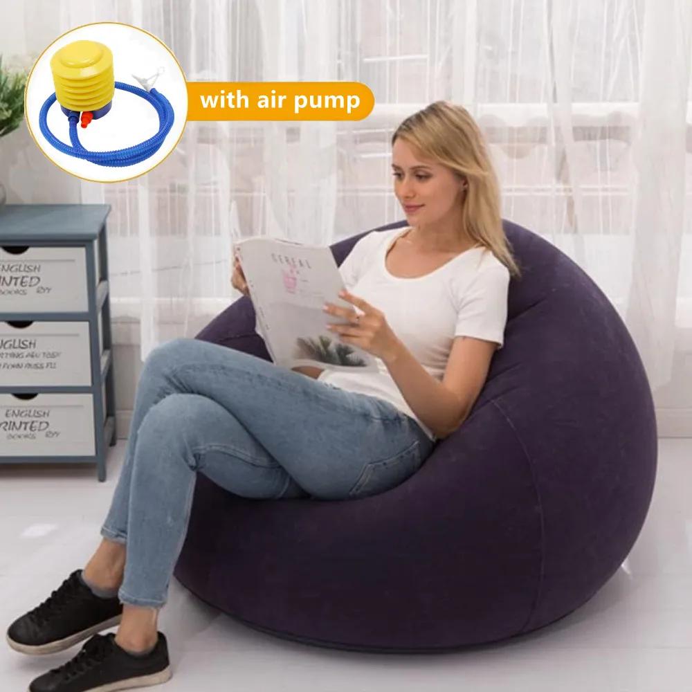 GGE Large Lazy Inflatable Sofa Chair - PVC Flocked Lounger Bean Bag Couch Tatami for Living Room & Outdoor Camping