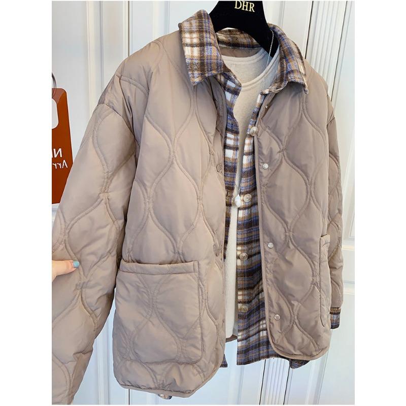 Women's Autumn and Winter Thickened Loose Spliced Retro Plaid Shirt Fake Two-piece Cotton Jacket Top