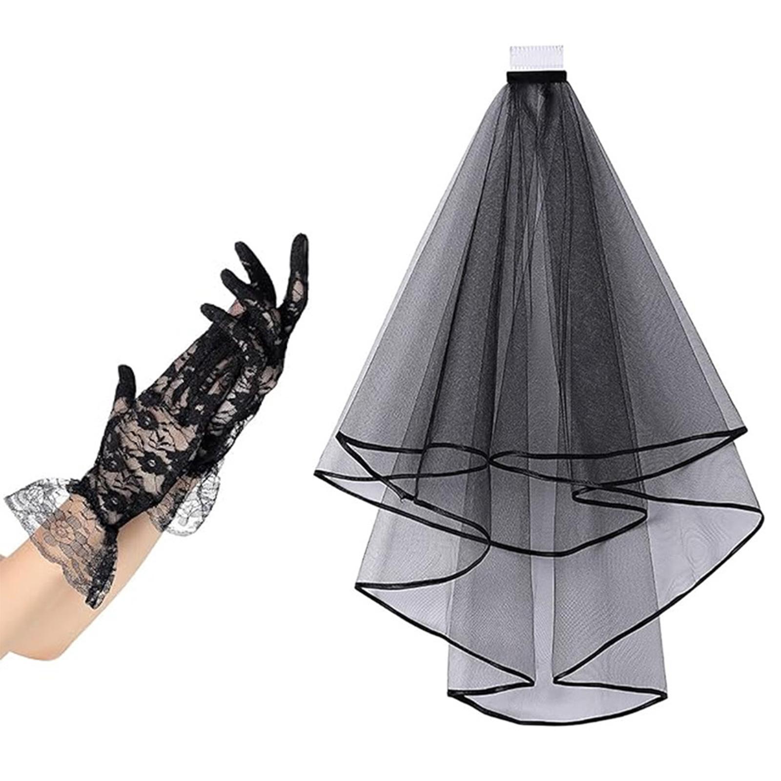 

Комплект из черной кружевной вуали и перчаток на Хэллоуин, элегантные аксессуары для костюма из тюля, головные уборы для женщин, наряд для маскарада B