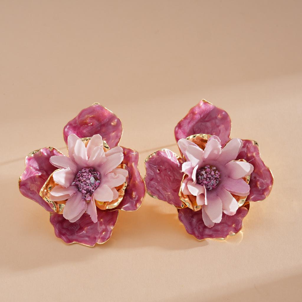 Colorful Drip Oil Fabric Flower Stud Earrings for Women Girls Vintage Exaggerated Drop Earring Vacation Jewelry Accessory