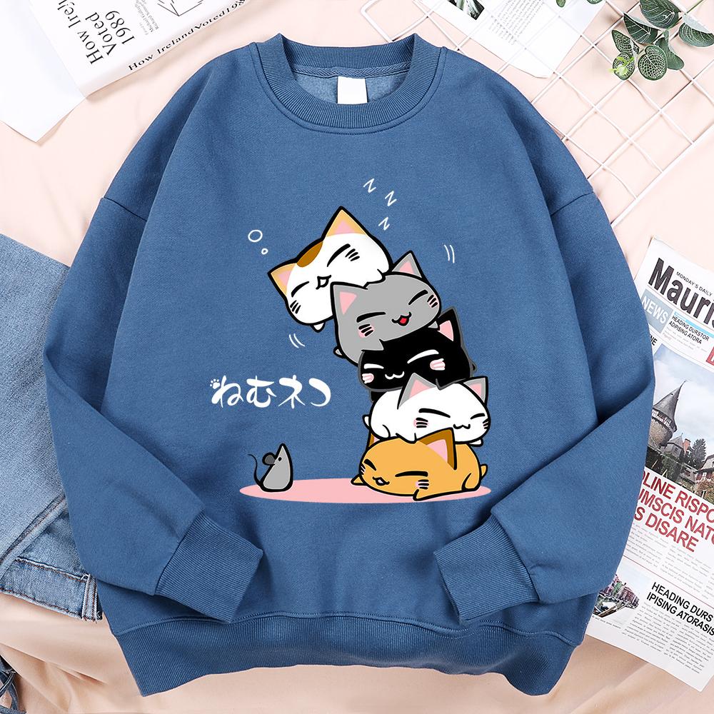 Cute Stacked Cats Sleeping Don'T See The Mouse Women Unisex Clothing Anime Pullover Hoodies Loose Fleece Hoody Casual O-Neck Streetwear