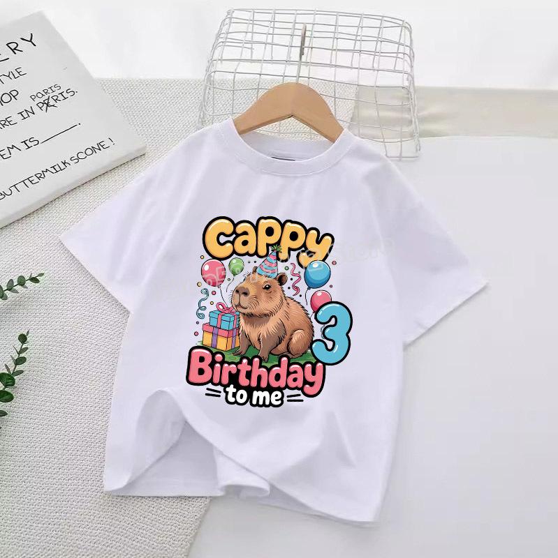 Capybara Numbers Round Neck Clothes Children Birthday T-Shirts Cartoon Tops Summer Girl T Shirt Animal White Shirts Kid Clothing