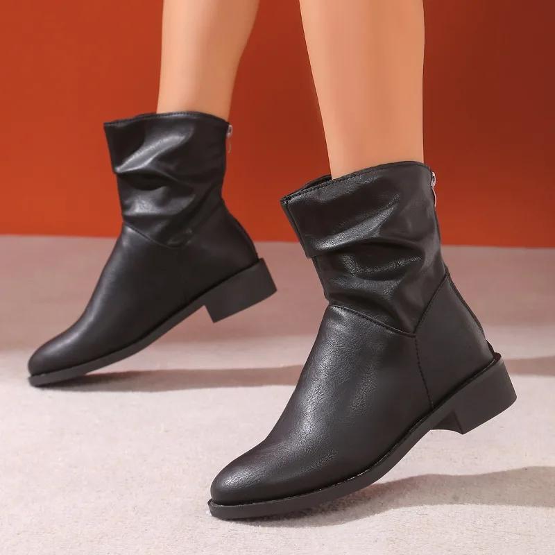 

2024 Новые универсальные женские ботинки с круглым носком Весна и осень Плоские каблуки Удобная профессиональная верхняя одежда Голые ботинки для женщин 36