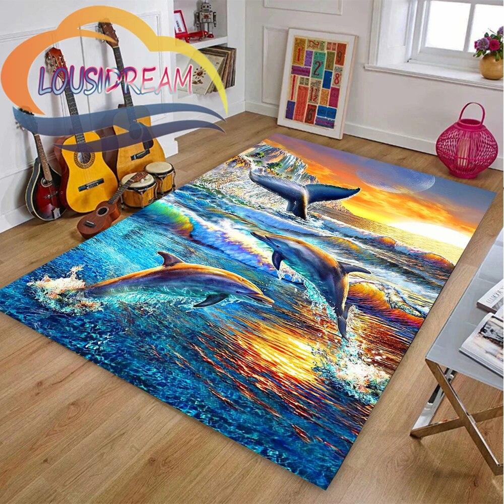 Sea Animal World Koberec Delphinidae Koberec Oceanic Delfíni Obývací pokoj Ložnice Velká plocha Měkká 3D módní dekorace Mat