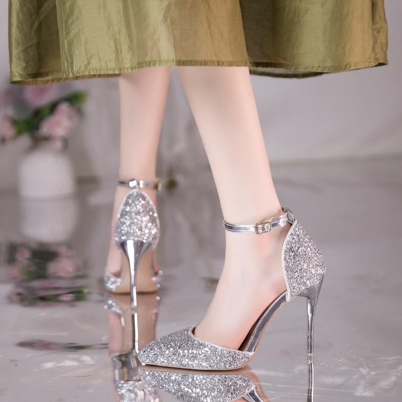 

Fashion Hollow sequined sandals for women spring and summer new style pointed toe buckle stiletto high heel fashion sandals 40