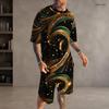 Men s Plus Size Round Neck Short Sleeve Printed Top And Drawstring Shorts With Pockets Two Piece Set Black Blue Green
