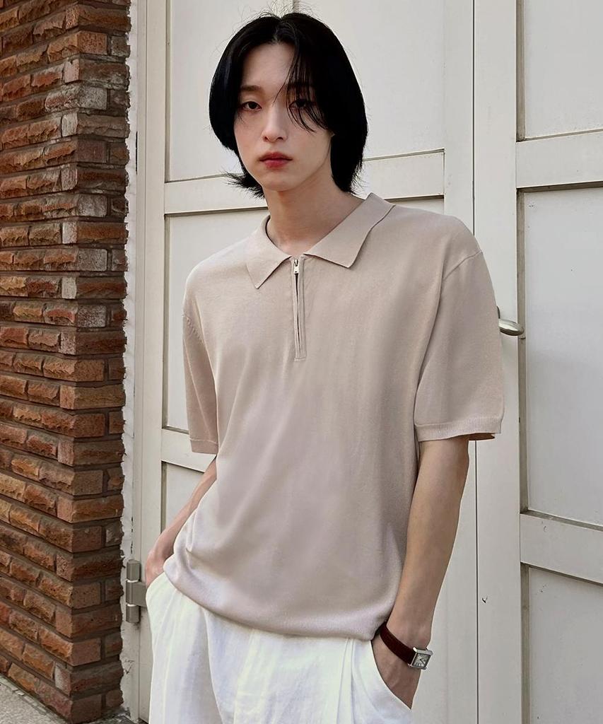 AGOD Washable Half-Zip Collared Short-Sleeve Knit [Beige]