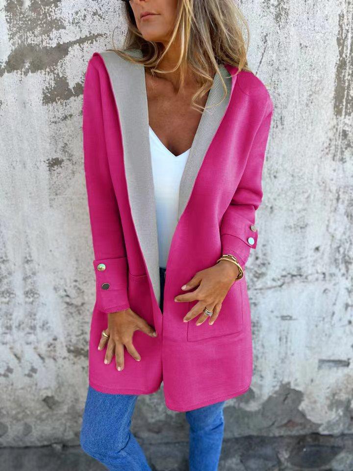 Women's Orange Hooded Cardigan Sweater Casual Long Sleeve Open Front Lightweight Jacket