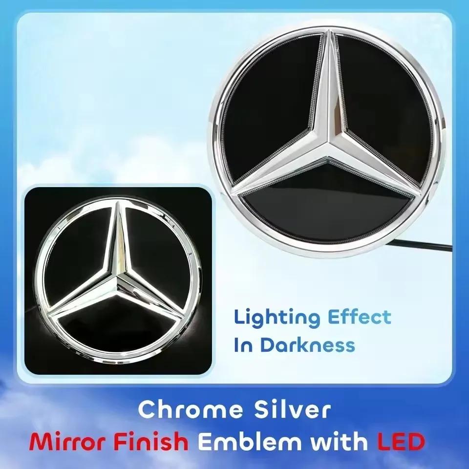 AAVV1 Car Front Grille Emblem Star Badge Lighting Logo Chrome Silver 3D Mirror For Mercedes Benz W205 C180 C200 C250 C300 C350 C400