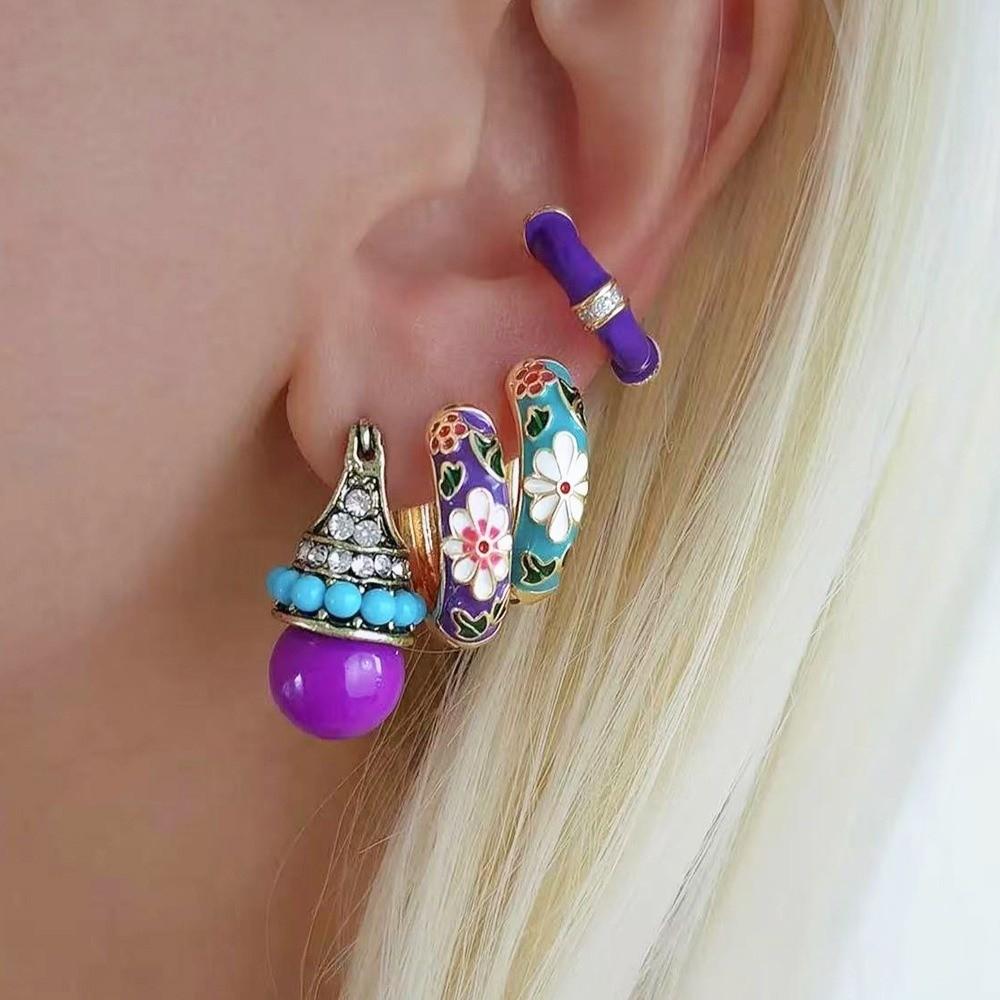 Chinese Chinese Style Earrings Traditional Glaze Ear Jewelry Flower Enamel Ear Rings  Jewelry