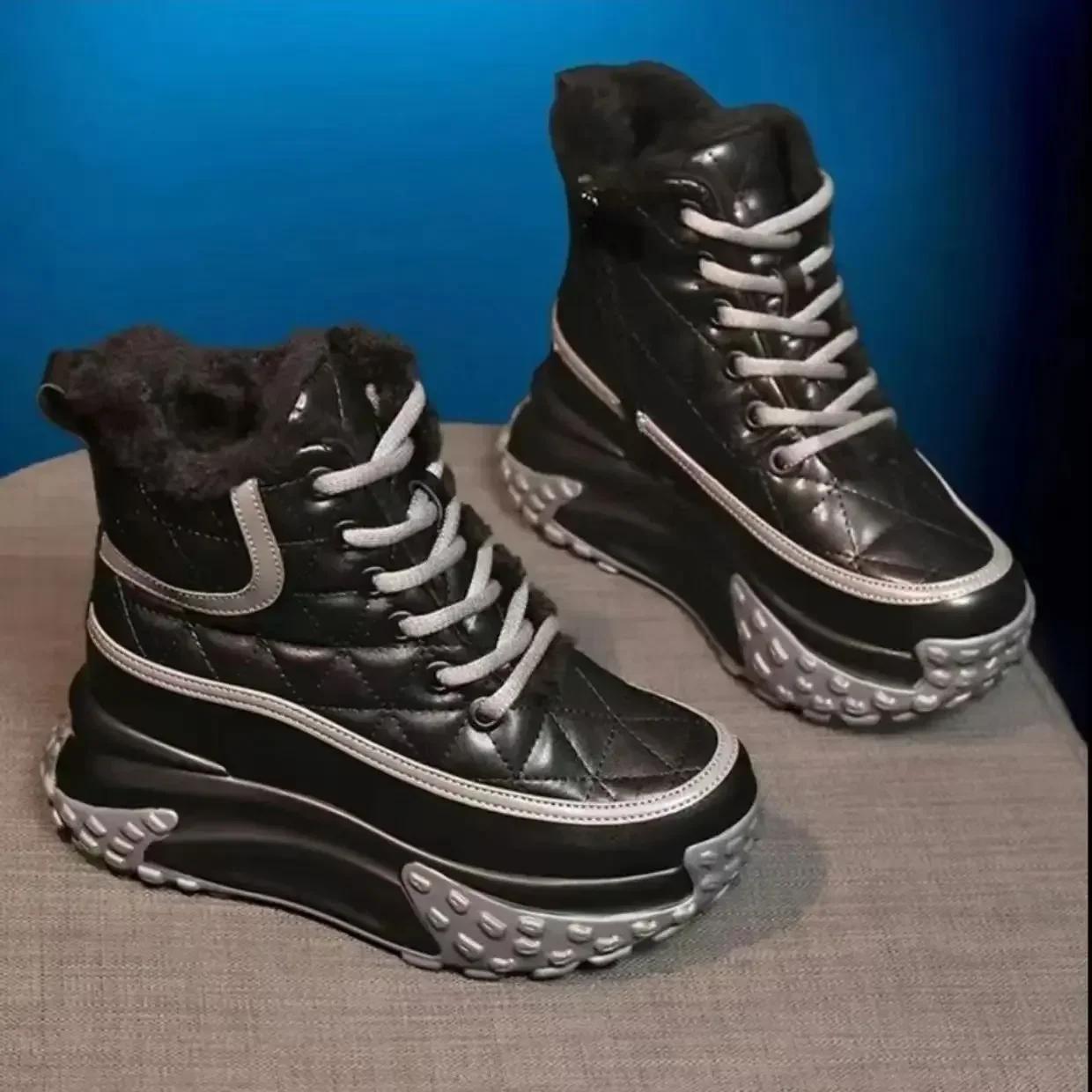 

Женские зимние ботинки, массивные туфли на шнуровке с круглым носком для женщин, спортивные кроссовки на платформе со шнурками, зимние пушистые плюшевые 37