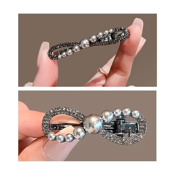 Audio Fan Hairpin Pearl Clip Set of 2, Rhinestone Sparkly Elegant Hair Accessories, Black Gunmetal, Figure-8 Pearl Duckbill Clip