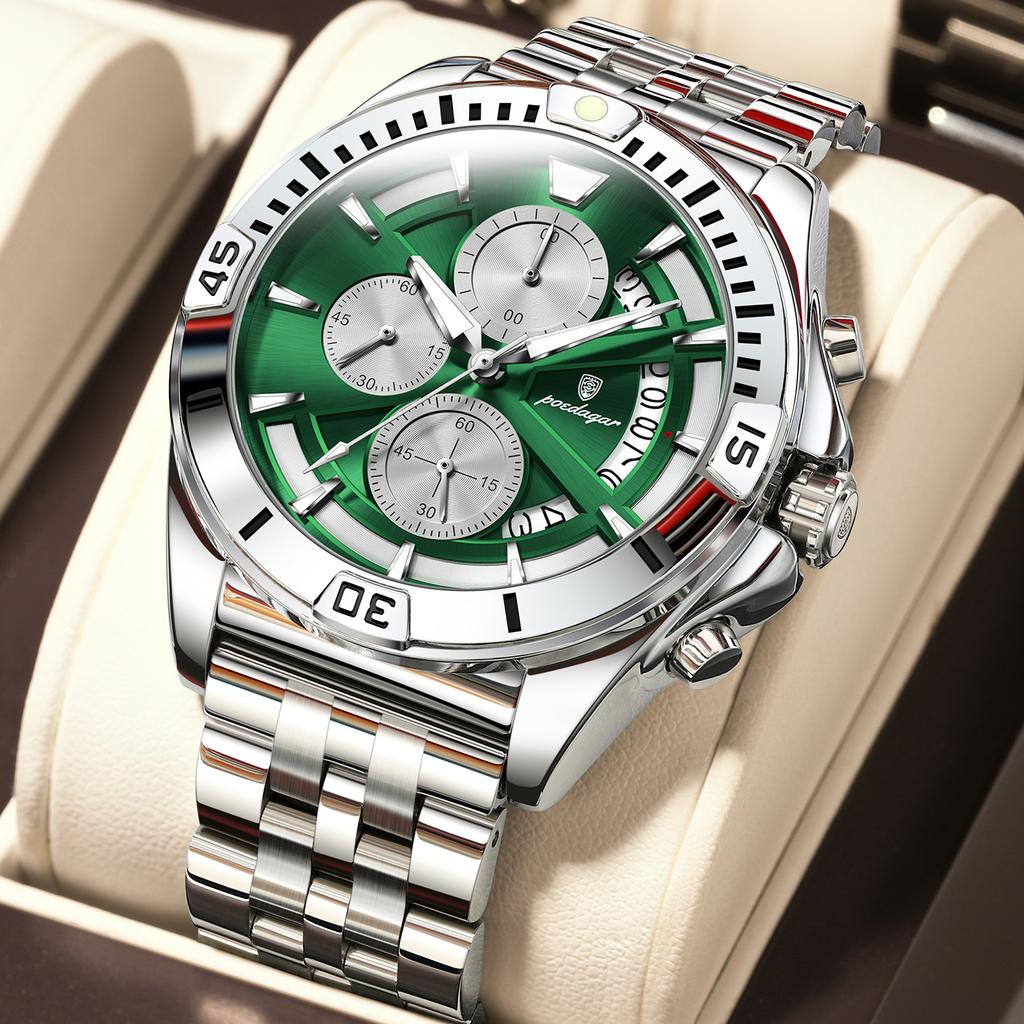 Men Chronograph Watches Stainless Steel Analog Quartz Wrist Watch Waterproof Luminous Date Business Dress Watch for Men