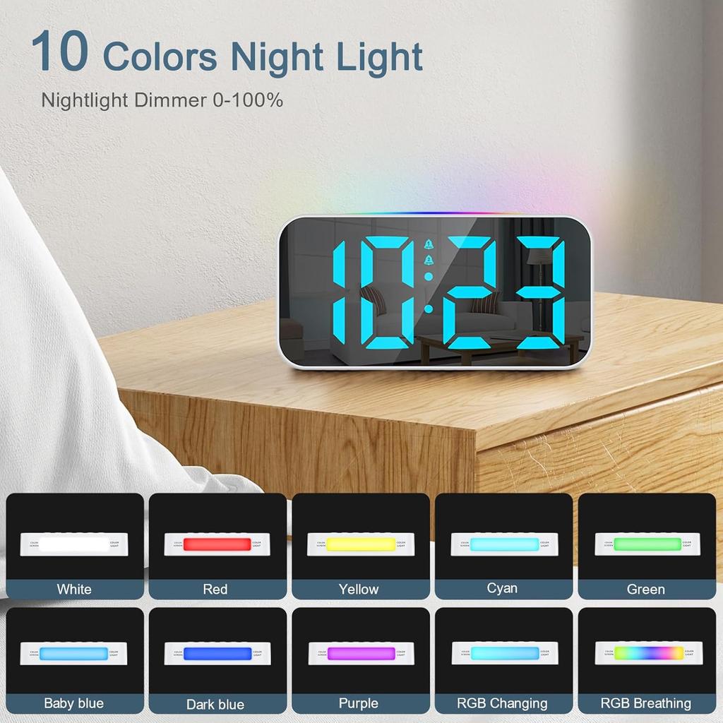 Digital väckarklocka Sängklocka Färgstark RGB LED-display Klocka med dubbla alarm Snooze-timer, USB-port