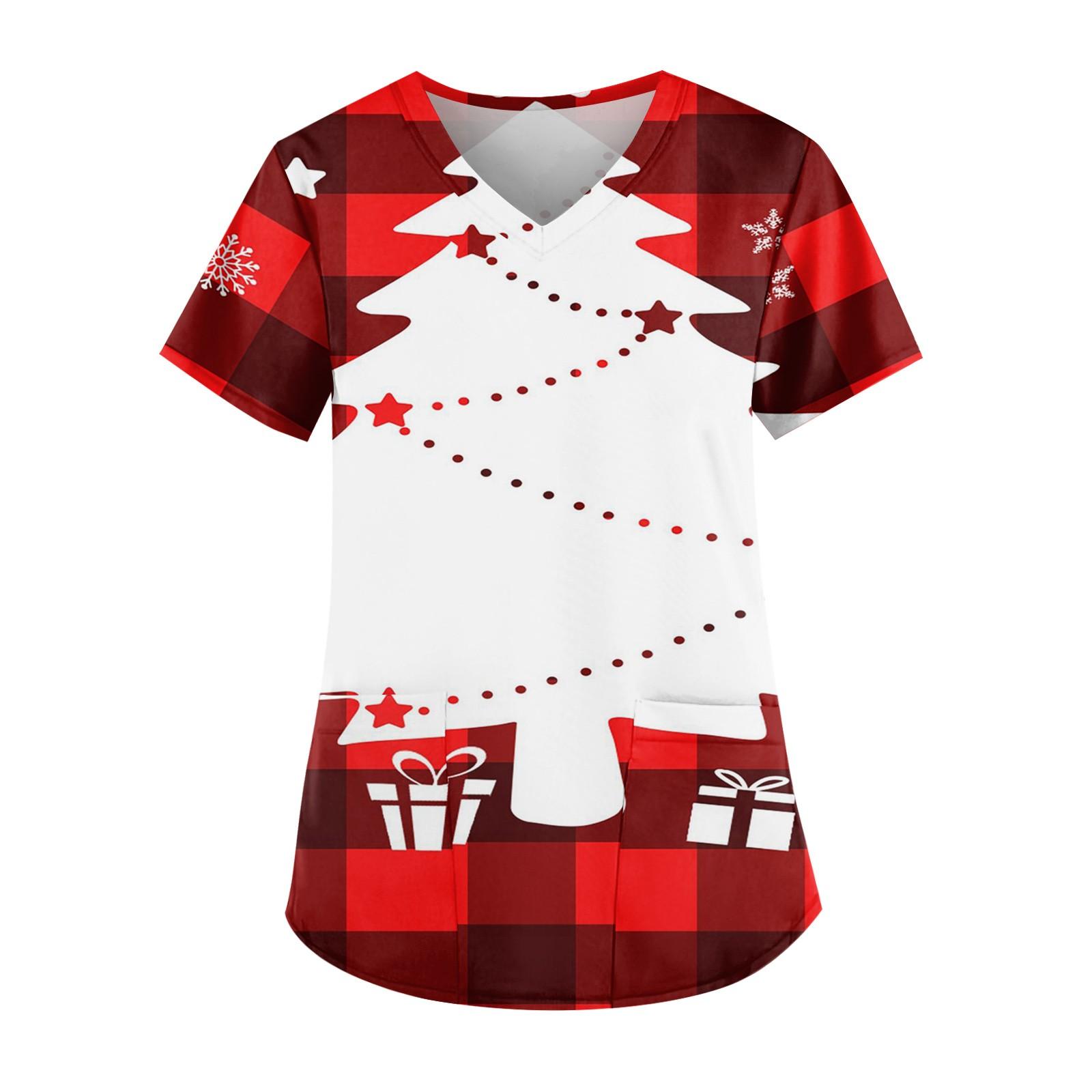 

Женская мода V-образный вырез короткий рукав рабочая одежда с карманом рождественский принт топ XXL винный