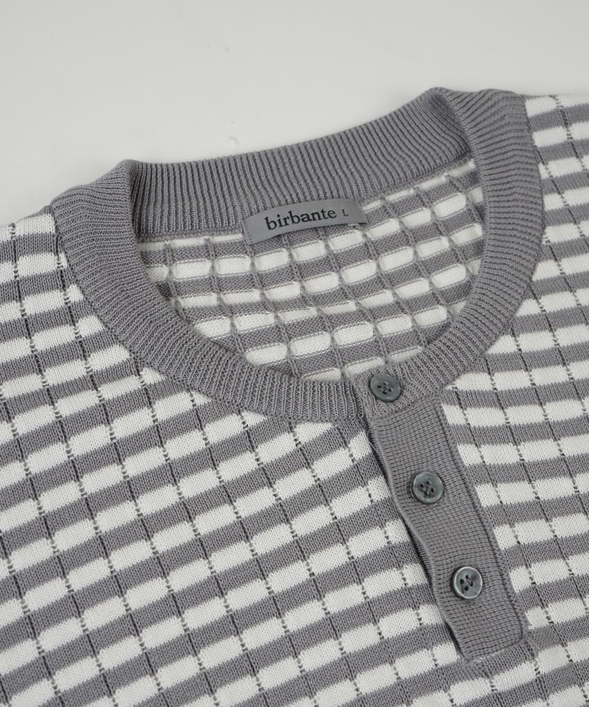 BIRBANTE Summer Washable Henley Neck Knit - Gray Stripe