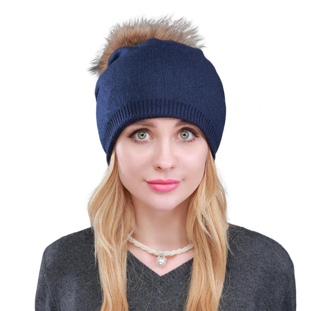 Winter Lady Hat Knitted Thick Stretchy Plush Ball Decor Solid Color Ear Warm Daily Wear Cap Outdoor Skiing Skating He