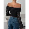Women's Floral Lace Off The Shoulder Tees Long Sleeve Shirts Tight Fitted Going Out T-Shirt Crop Tops