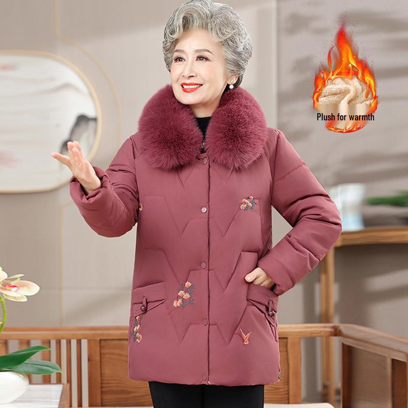 

Plus Velvet Winter Jacket with Fur Collar for Elderly Women - Thickened Cotton Padded Coat for Middle-Aged & Senior Ladies 2XL (105-120 lbs recommended) розовый