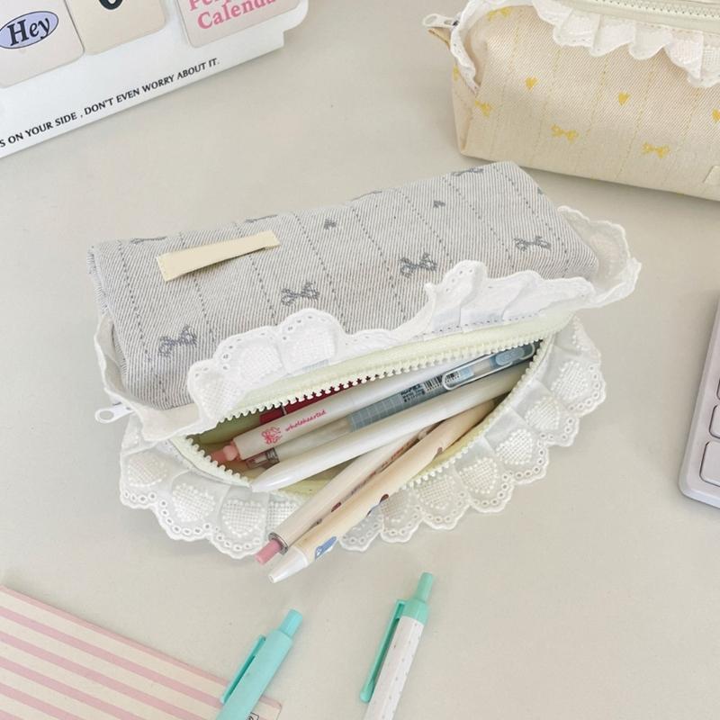 Lace Trim Pencil Case with Top Closure, Embroidered Heart Design for School Supplies, Desk Storage and Journaling