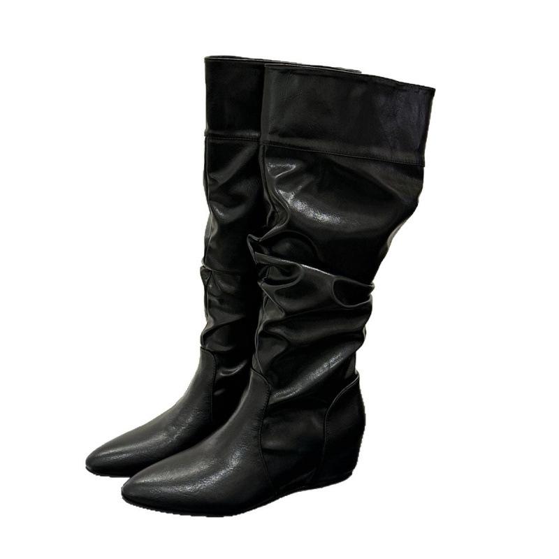 But knee boots women's French white pointed tip pleated thin small inner height increasing stacking boots