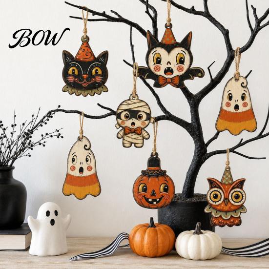 Mummy And Owl Hanging Ornaments Halloween Wooden Decor, Ghost Black Cat Pumpkin Ornament, Rustic Vintage Decorative Pendants Wall Decor Gift Tags for