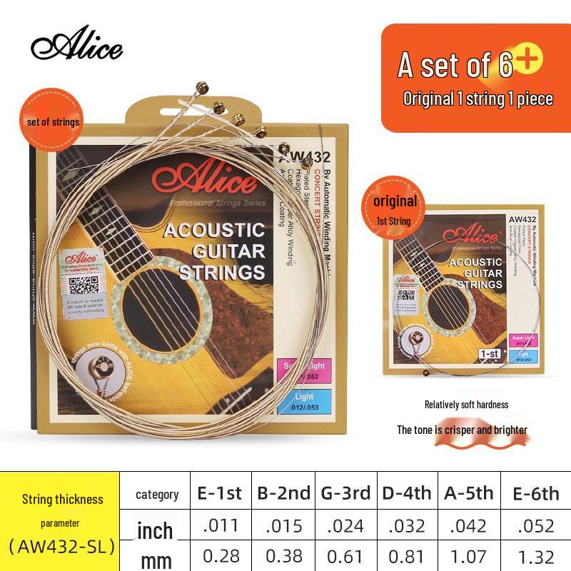 Corde per Chitarra Acustica Alice Folk - Set Completo da 6 (Corde 1ª, 2ª, 3ª come Singole)